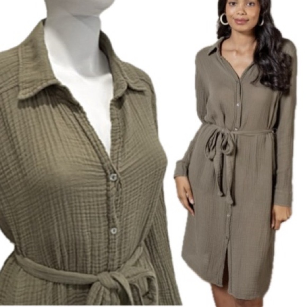 Michael Stars Cleo Gauze Shirt Dress Size M Olive Belted Button Down Long Sleeve